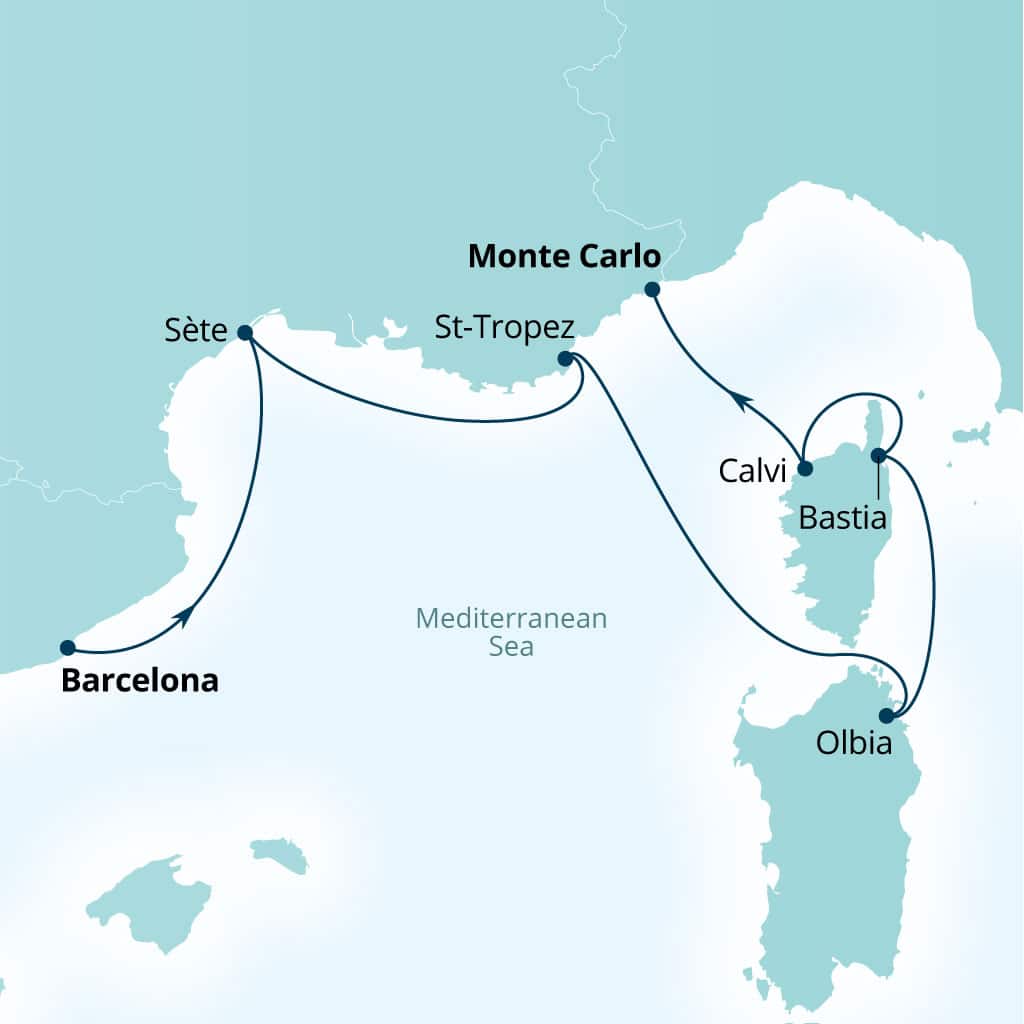 Carte de l’itinéraire Seabourn Ovation, Barcelone, Espagne → Monte Carlo, Monaco
