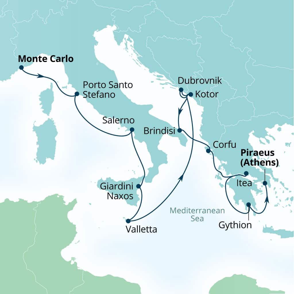 Carte de l’itinéraire Seabourn Ovation, Monte Carlo, Monaco → Le Pirée (Athènes), Grèce