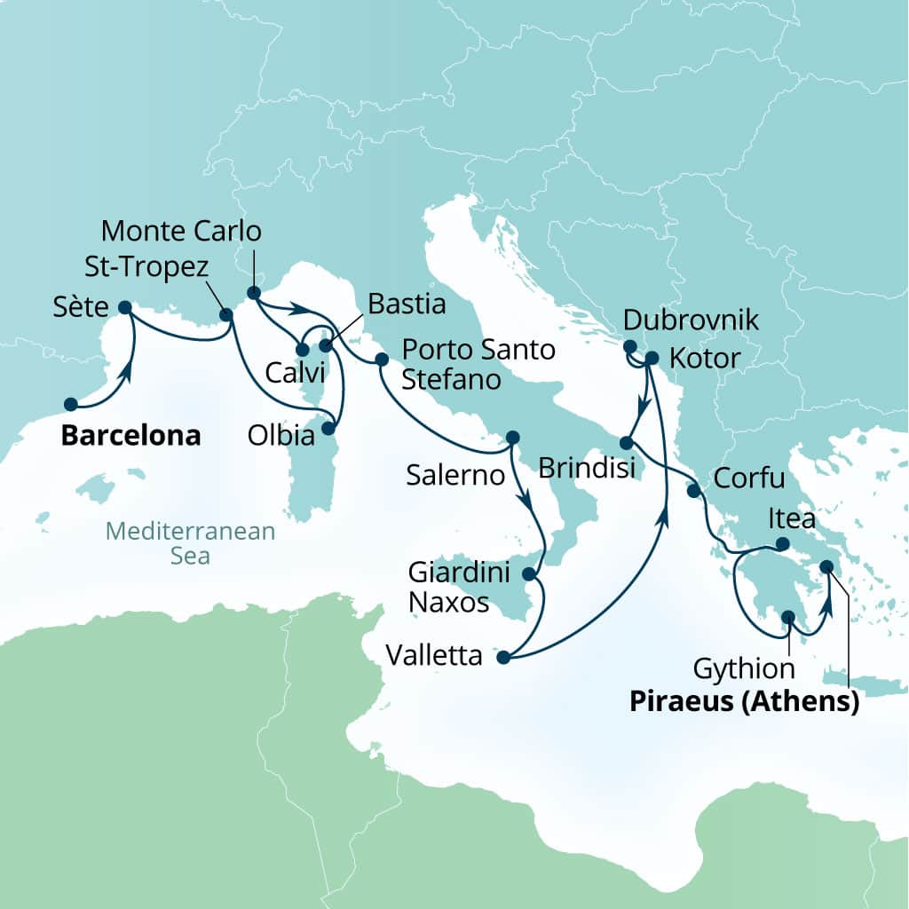 Carte de l’itinéraire Seabourn Ovation, Barcelone, Espagne → Le Pirée (Athènes), Grèce