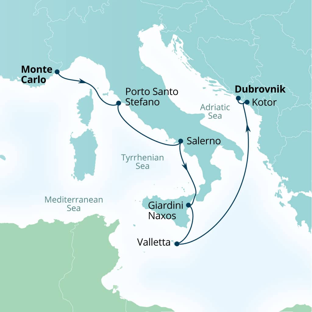 Carte de l’itinéraire Seabourn Ovation, Monte Carlo, Monaco → Dubrovnik, Croatie