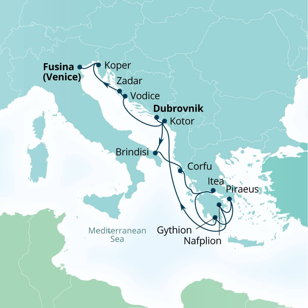 Carte de l’itinéraire Seabourn Ovation, Dubrovnik, Croatie → Fusina (Venise), Italie