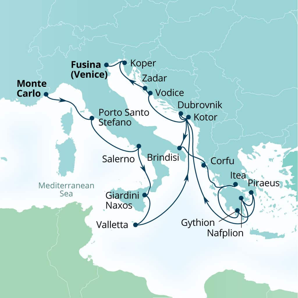 Carte de l’itinéraire Seabourn Ovation, Monte Carlo, Monaco → Fusina (Venise), Italie