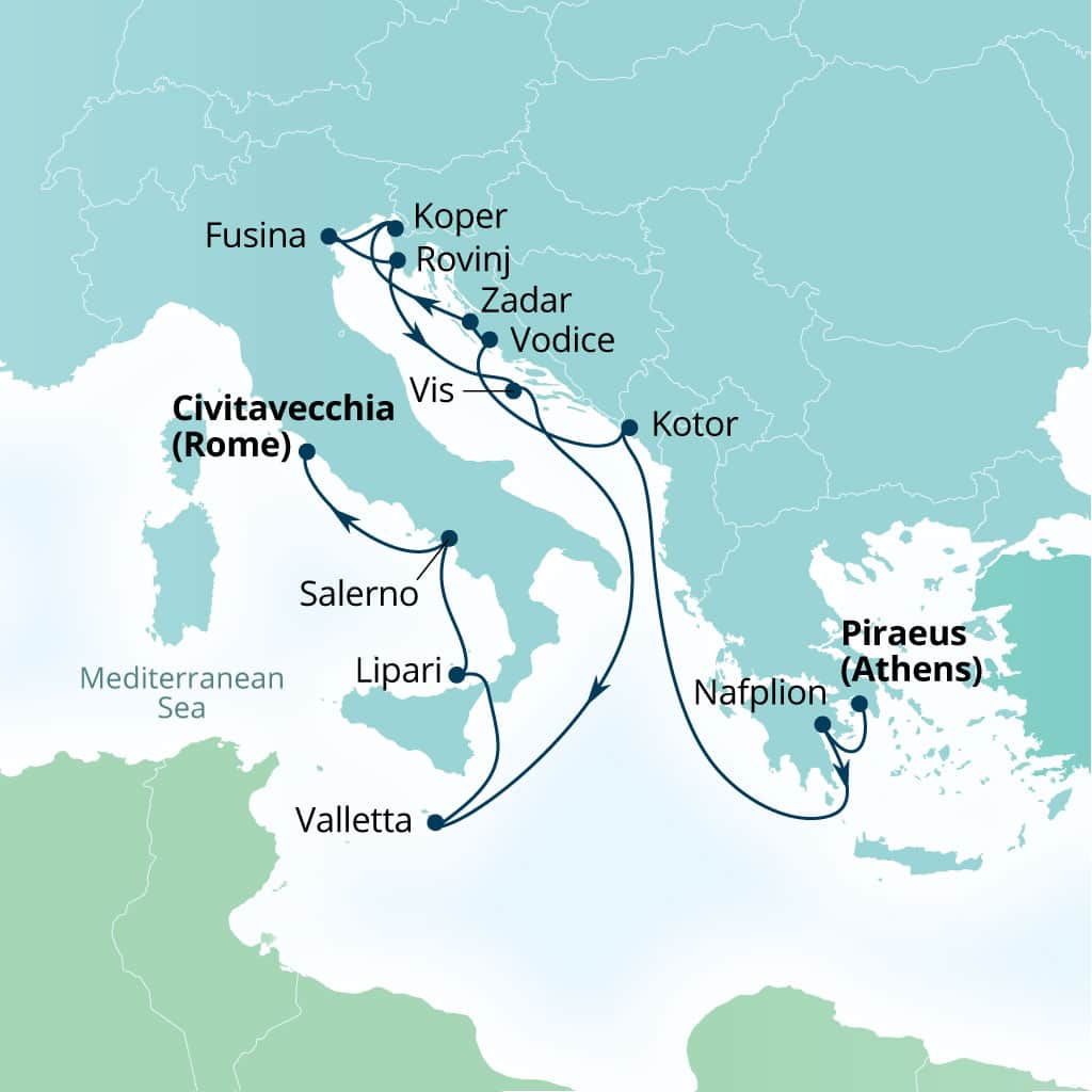 Carte de l’itinéraire Seabourn Ovation, Le Pirée (Athènes), Grèce → Civitavecchia (Rome), Italie