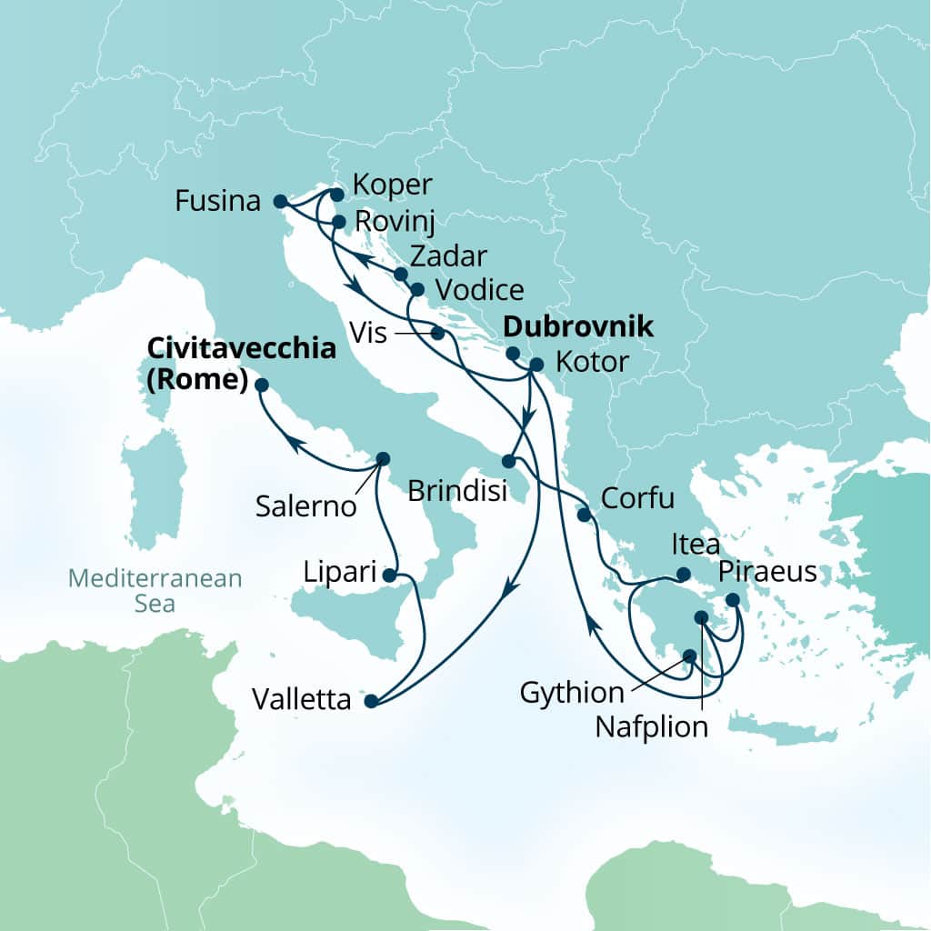Carte de l’itinéraire Seabourn Ovation, Dubrovnik, Croatie → Civitavecchia (Rome), Italie
