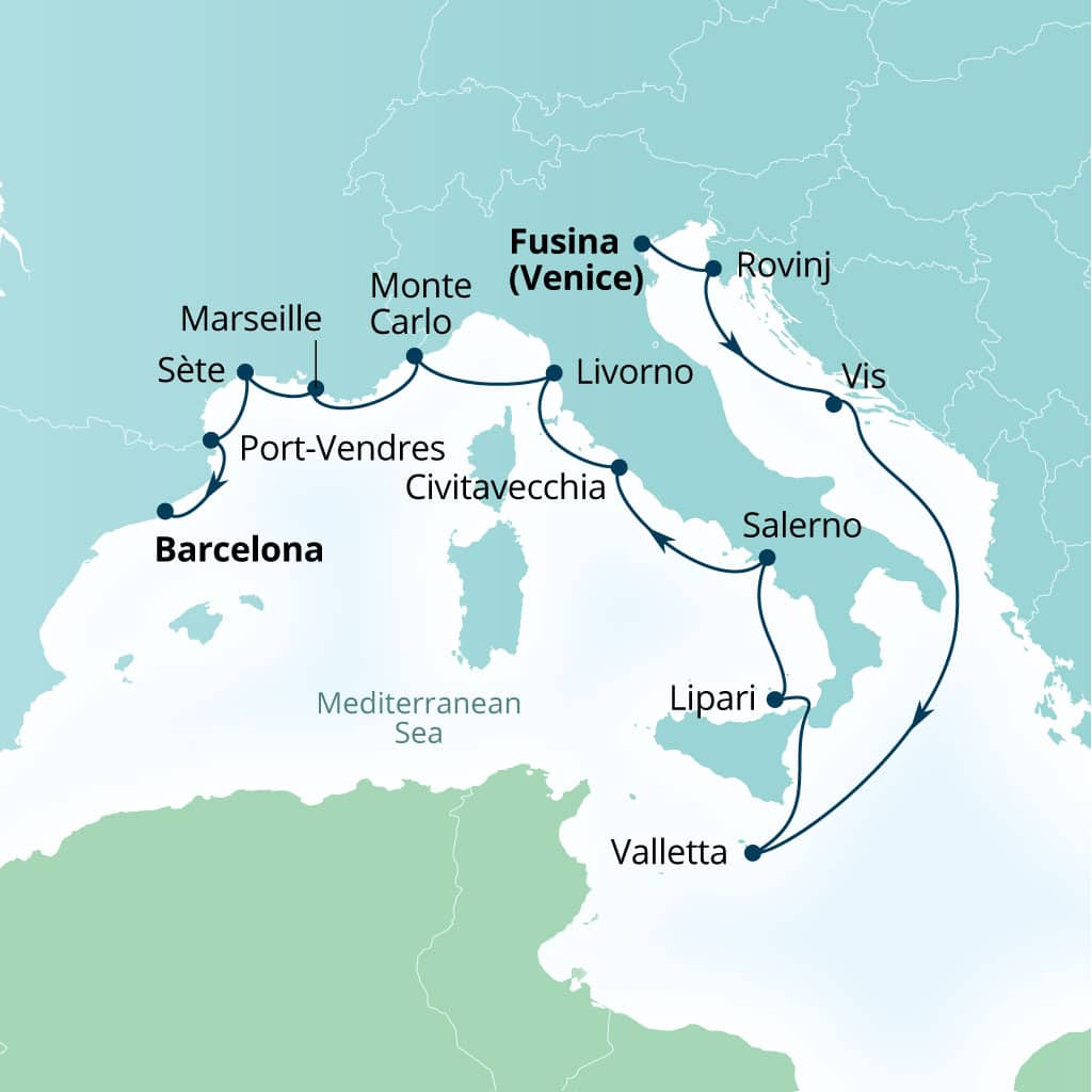 Carte de l’itinéraire Seabourn Ovation, Fusina (Venise), Italie → Barcelone, Espagne