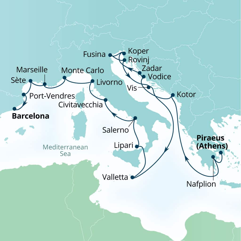 Carte de l’itinéraire Seabourn Ovation, Le Pirée (Athènes), Grèce → Barcelone, Espagne