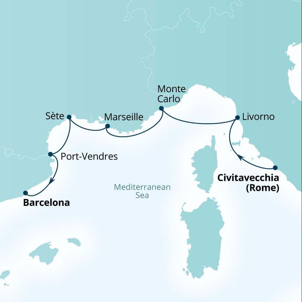 Carte de l’itinéraire Seabourn Ovation, Civitavecchia (Rome), Italie → Barcelone, Espagne