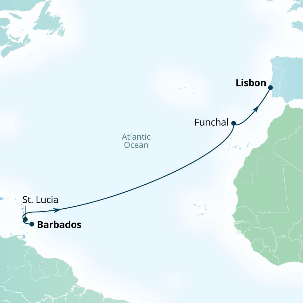Carte de l’itinéraire Seabourn Ovation, Bridgetown, Barbados → Lisbonne, Portugal