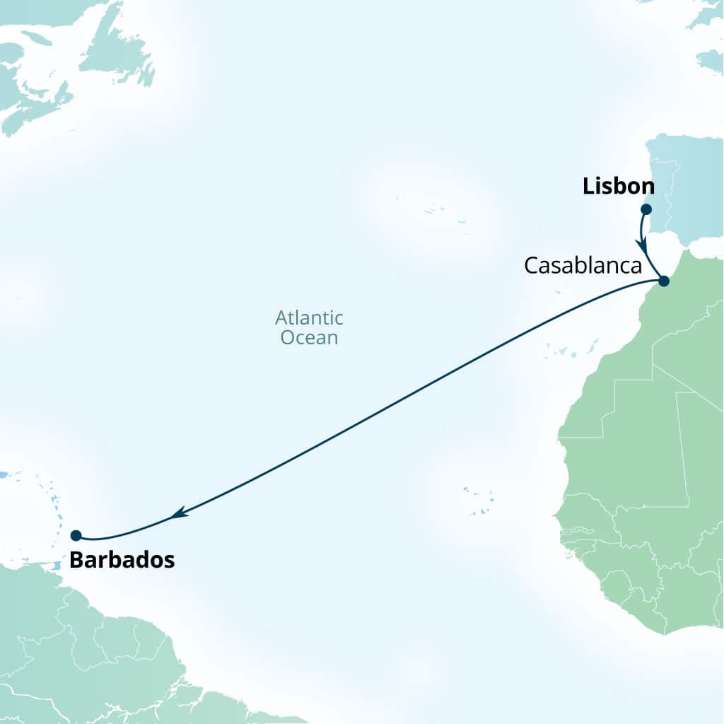 Carte de l’itinéraire Seabourn Ovation, Lisbonne, Portugal → Bridgetown, Barbados