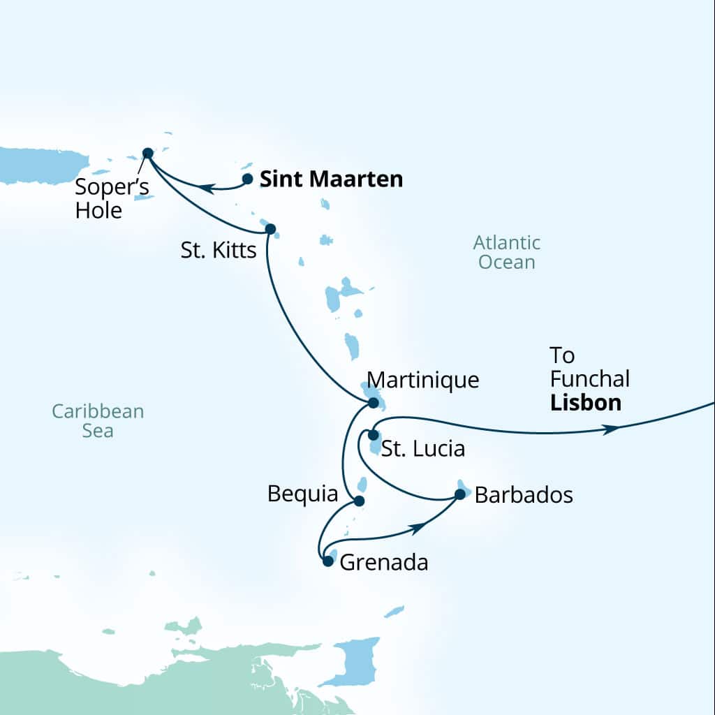 Carte de l’itinéraire Seabourn Ovation, Philipsburg, Sint Maarten → Lisbonne, Portugal