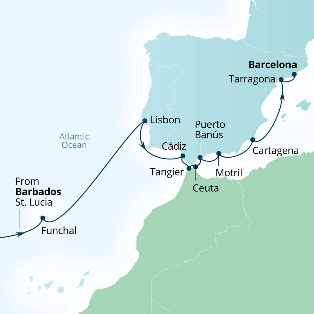 Carte de l’itinéraire Seabourn Ovation, Bridgetown, Barbados → Barcelone, Espagne