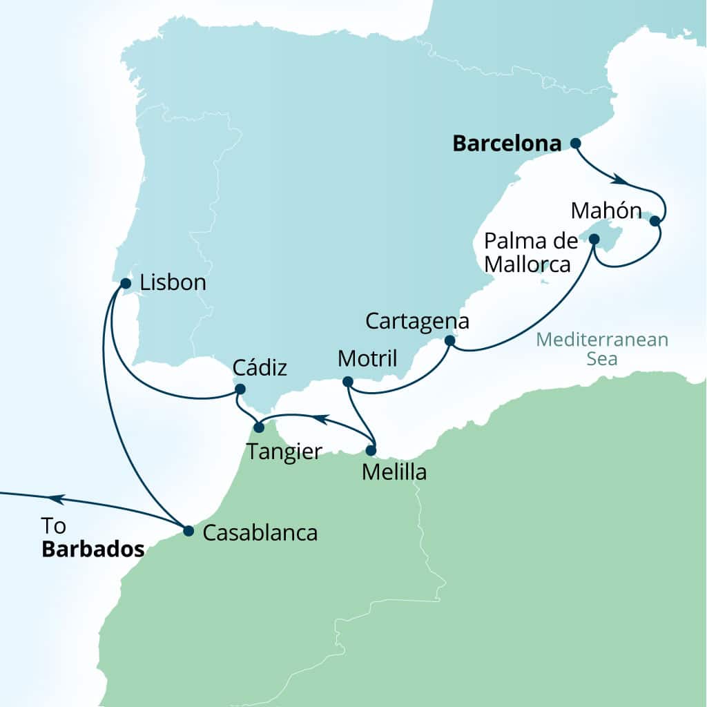 Carte de l’itinéraire Seabourn Ovation, Barcelone, Espagne → Bridgetown, Barbados