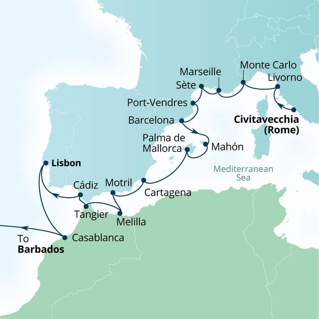 Carte de l’itinéraire Seabourn Ovation, Civitavecchia (Rome), Italie → Bridgetown, Barbados