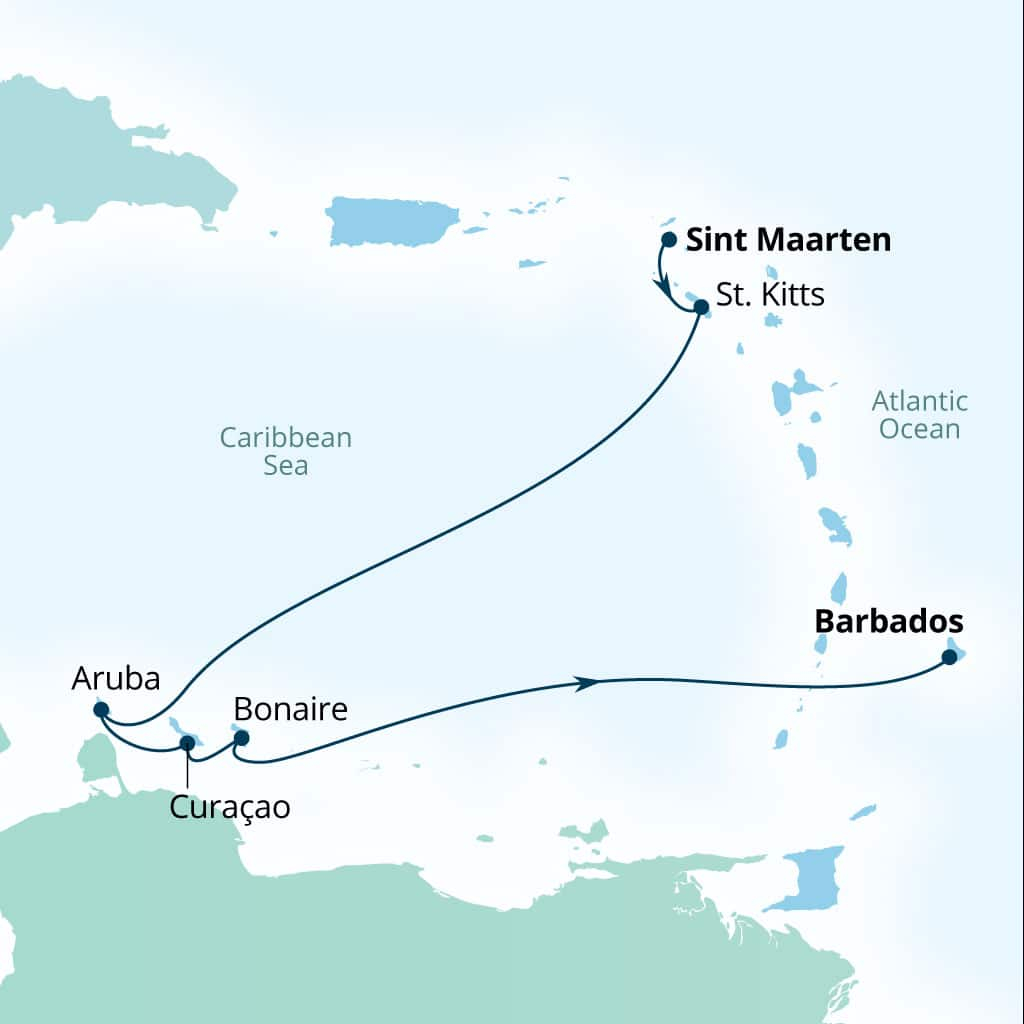 Carte de l’itinéraire Seabourn Ovation, Philipsburg, Sint Maarten → Bridgetown, Barbados