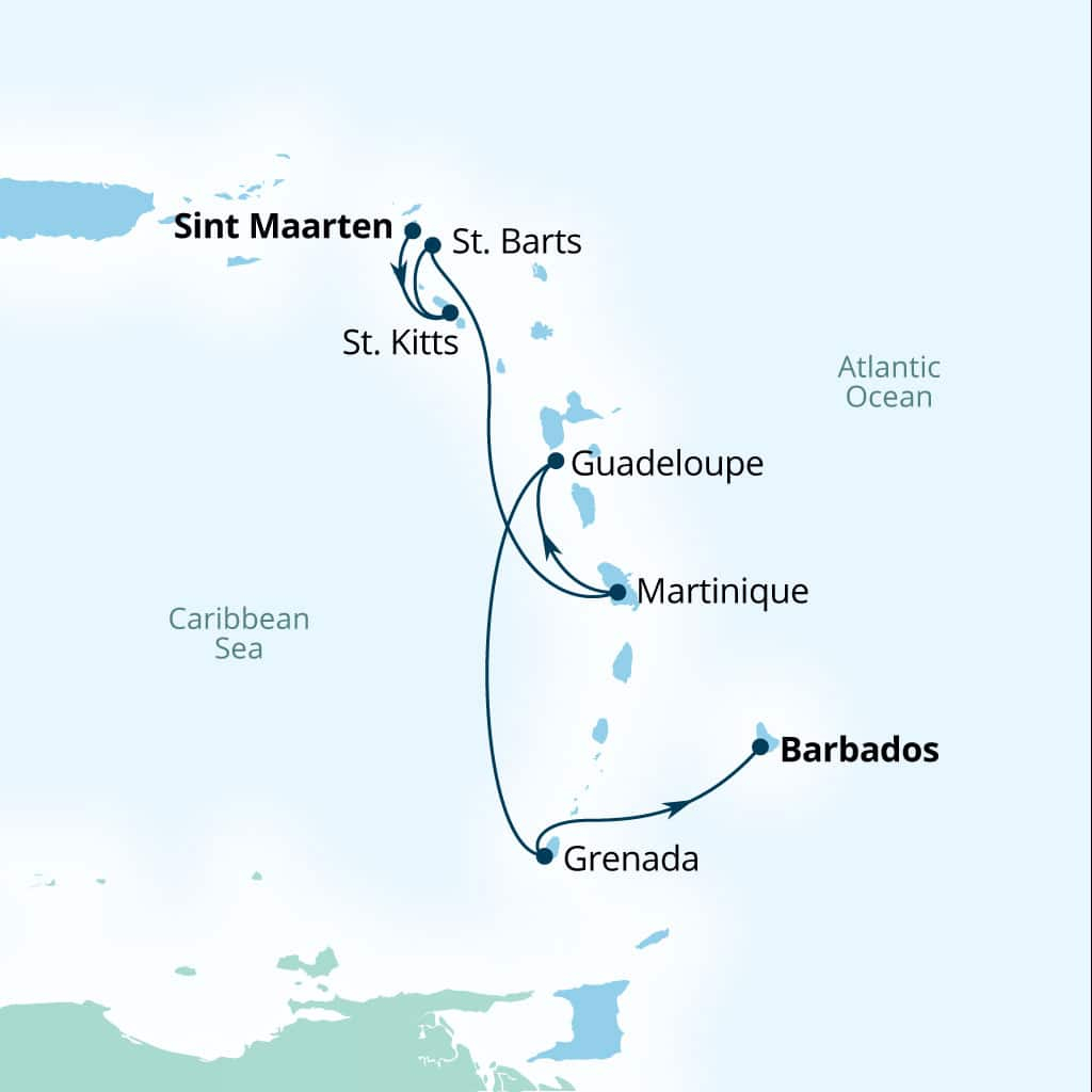 Carte de l’itinéraire Seabourn Ovation, Philipsburg, Sint Maarten → Bridgetown, Barbados