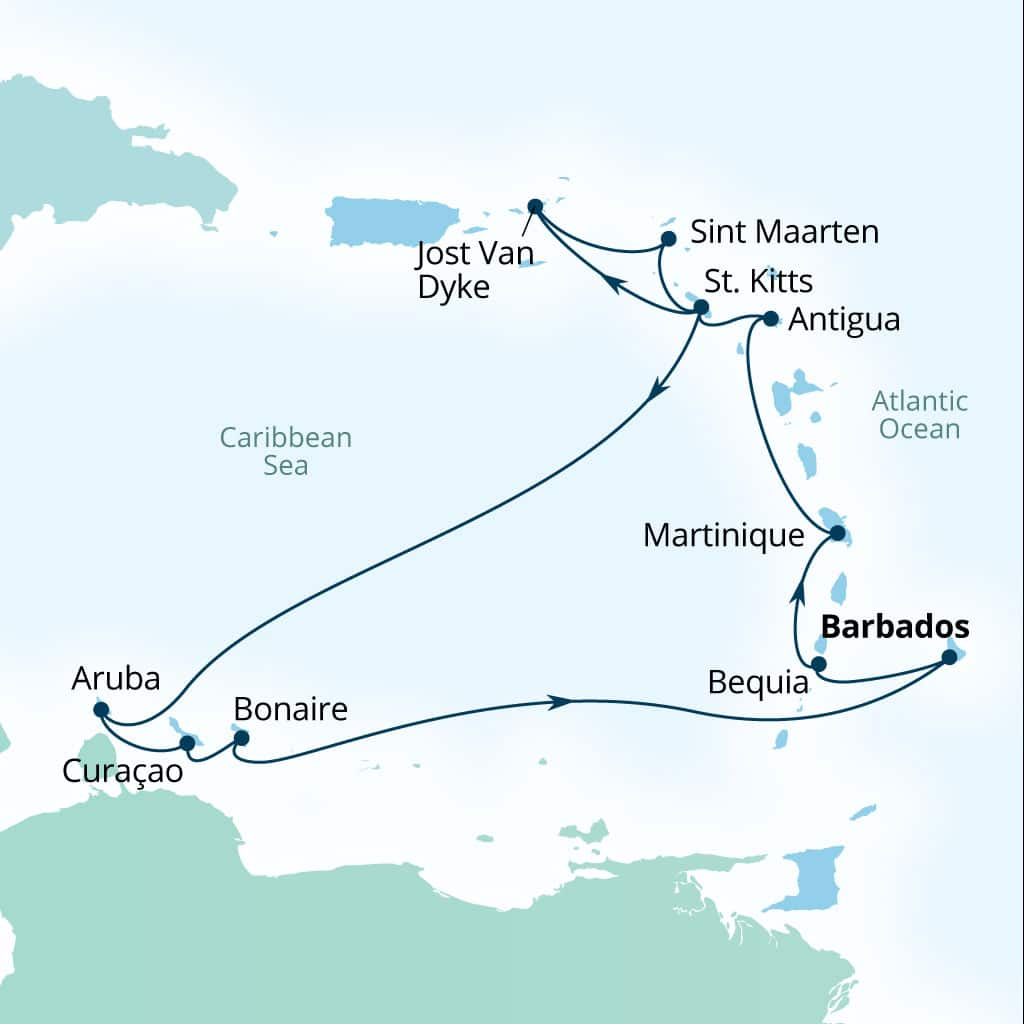 Carte de l’itinéraire Seabourn Ovation, Bridgetown, Barbados → Bridgetown, Barbados