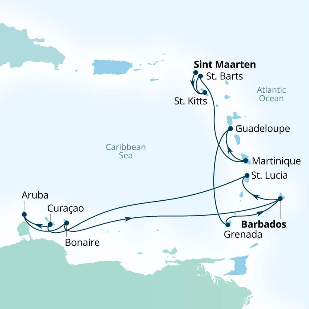 Carte de l’itinéraire Seabourn Ovation, Philipsburg, Sint Maarten → Bridgetown, Barbados
