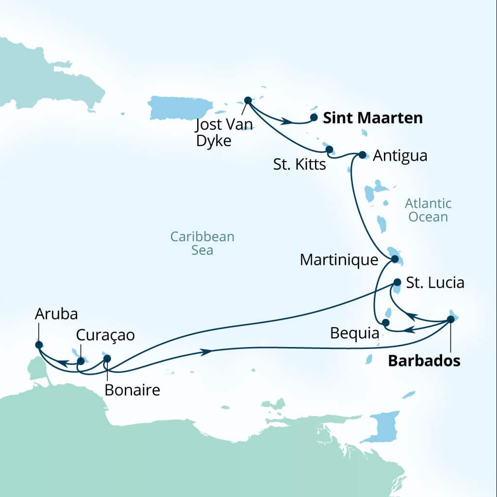 Carte de l’itinéraire Seabourn Ovation, Bridgetown, Barbados → Philipsburg, Sint Maarten