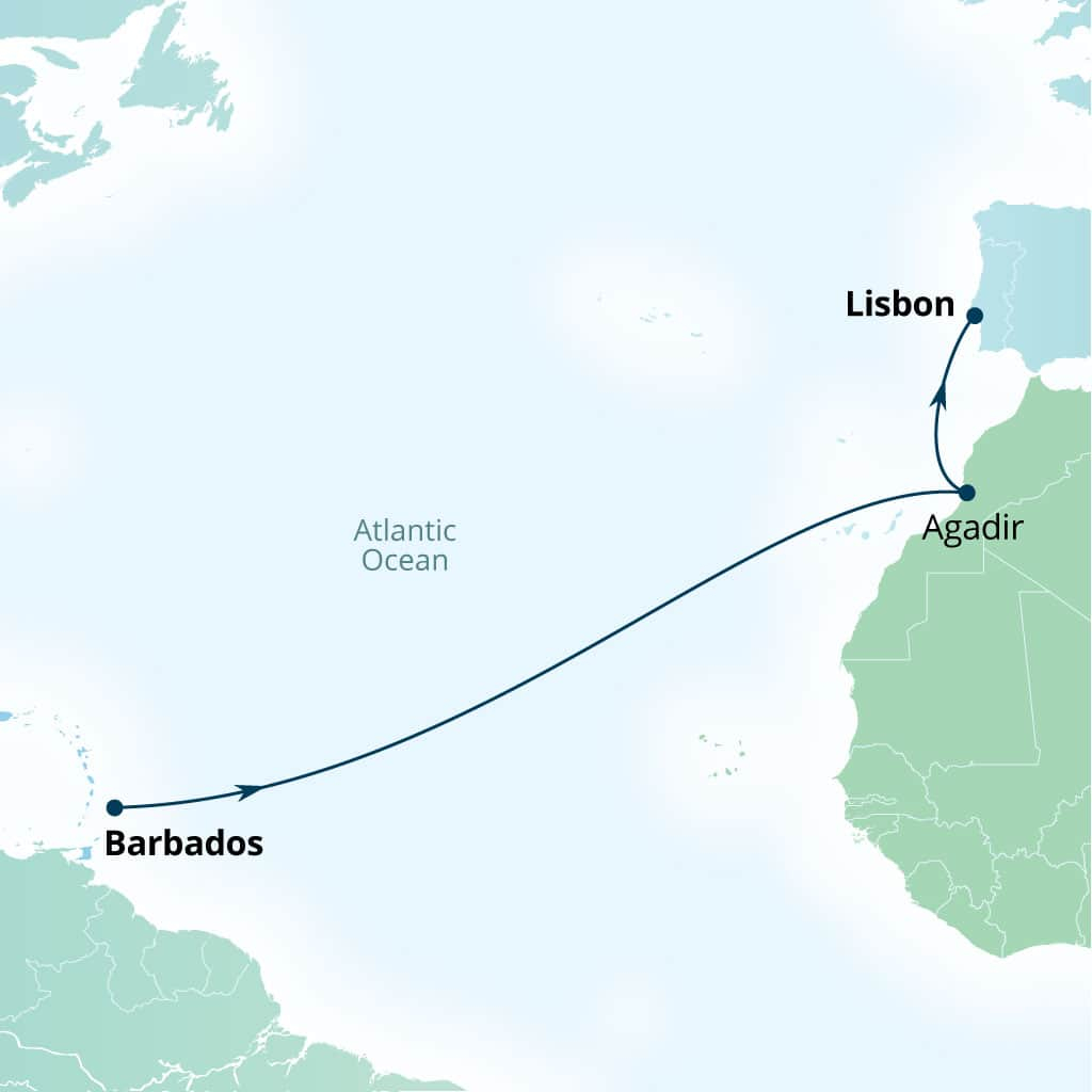 Carte de l’itinéraire Seabourn Ovation, Bridgetown, Barbados → Lisbonne, Portugal