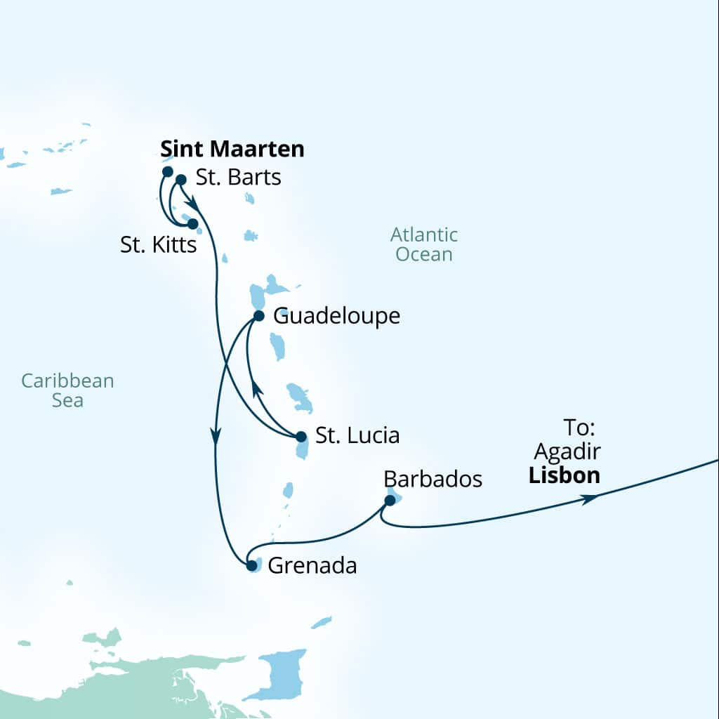Carte de l’itinéraire Seabourn Ovation, Philipsburg, Sint Maarten → Lisbonne, Portugal