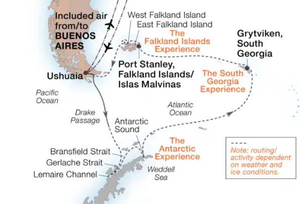 Carte de l’itinéraire Seabourn Pursuit, Ushuaia, Argentine → Ushuaia, Argentine