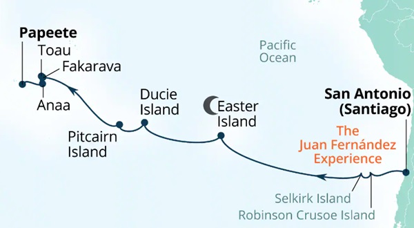Carte de l’itinéraire Seabourn Pursuit, San Antonio (Santiago), Chili → Papeete, Polynésie française