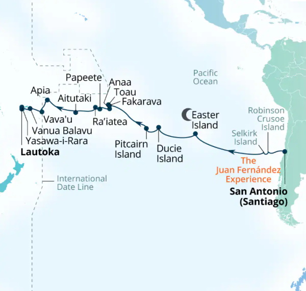 Carte de l’itinéraire Seabourn Pursuit, San Antonio (Santiago), Chili → Lautoka, Fiji