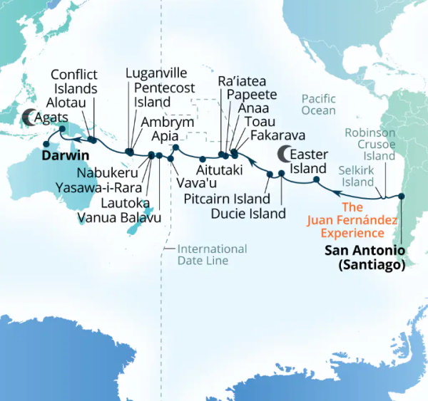 Carte de l’itinéraire Seabourn Pursuit, San Antonio (Santiago), Chili → Darwin, Australie