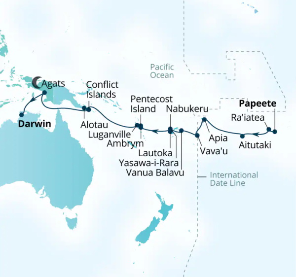 Carte de l’itinéraire Seabourn Pursuit, Papeete, Polynésie française → Darwin, Australie