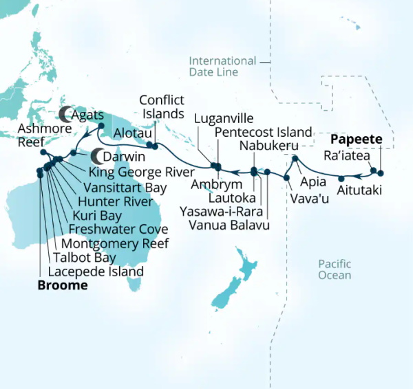 Carte de l’itinéraire Seabourn Pursuit, Papeete, Polynésie française → Broome, Western Australie, Australie
