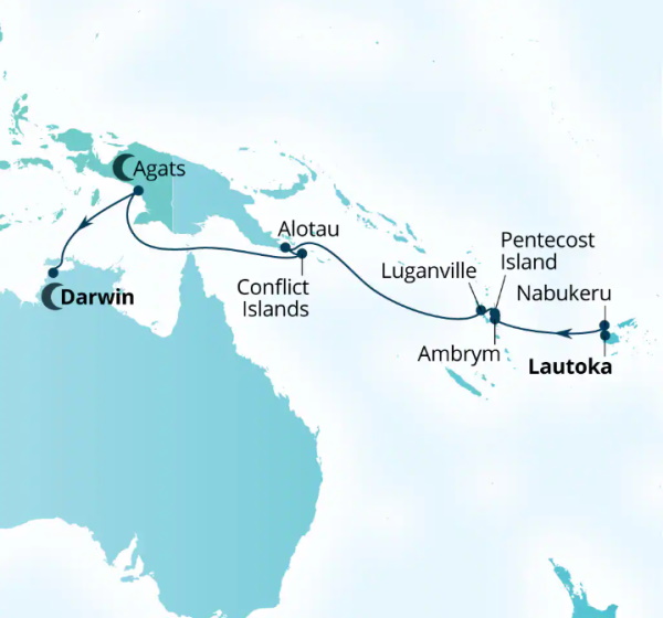 Carte de l’itinéraire Seabourn Pursuit, Lautoka, Fiji → Darwin, Australie