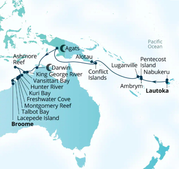 Carte de l’itinéraire Seabourn Pursuit, Lautoka, Fiji → Broome, Western Australie, Australie