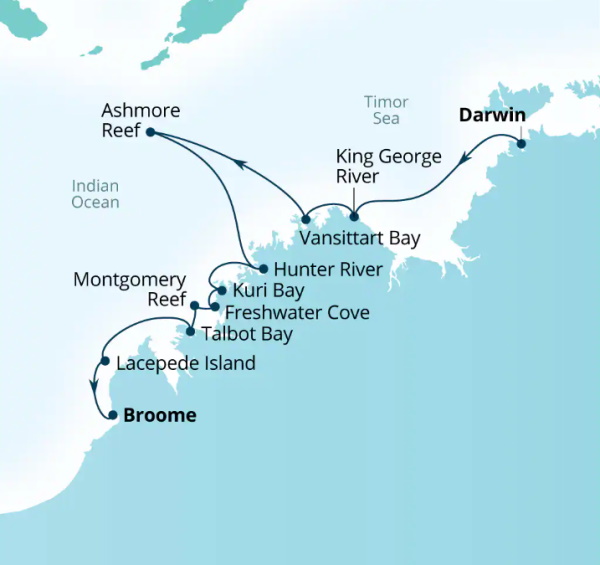 Carte de l’itinéraire Seabourn Pursuit, Darwin, Australie → Broome, Western Australie, Australie