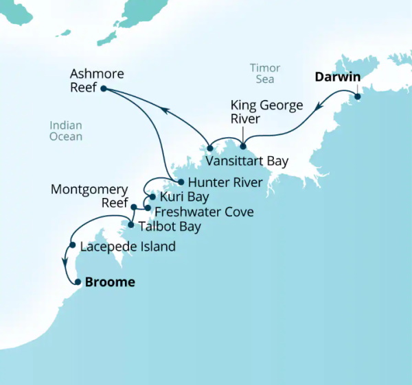 Carte de l’itinéraire Seabourn Pursuit, Darwin, Australie → Broome, Western Australie, Australie