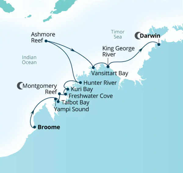 Carte de l’itinéraire Seabourn Pursuit, Broome, Western Australie, Australie → Darwin, Australie