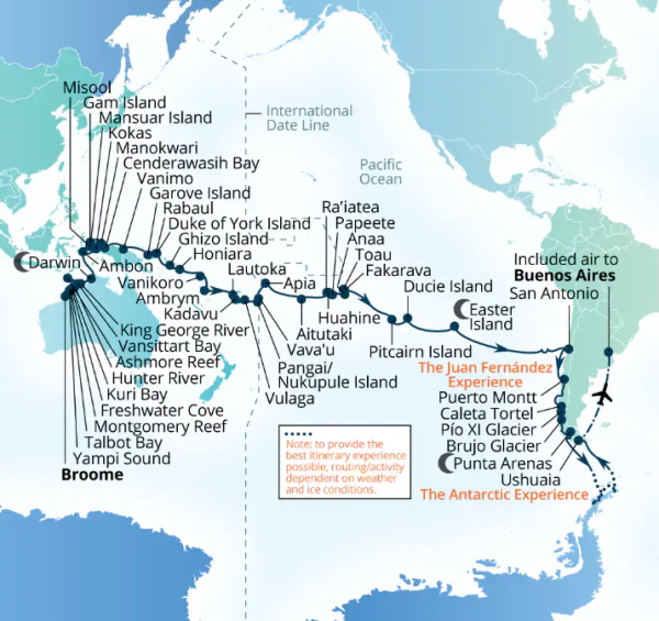 Carte de l’itinéraire Seabourn Pursuit, Broome, Western Australie, Australie → Ushuaia, Argentine