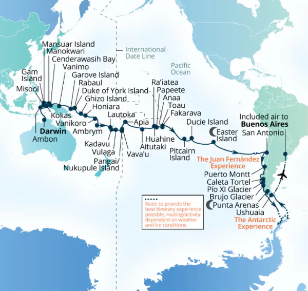 Carte de l’itinéraire Seabourn Pursuit, Darwin, Australie → Ushuaia, Argentine