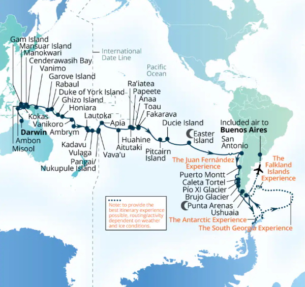 Carte de l’itinéraire Seabourn Pursuit, Darwin, Australie → Ushuaia, Argentine