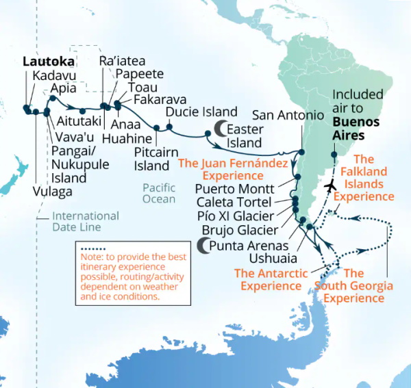 Carte de l’itinéraire Seabourn Pursuit, Lautoka, Fiji → Ushuaia, Argentine