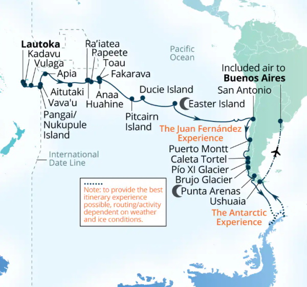 Carte de l’itinéraire Seabourn Pursuit, Lautoka, Fiji → Ushuaia, Argentine