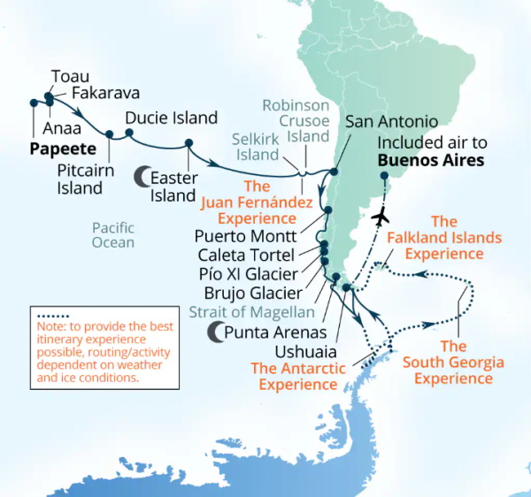 Carte de l’itinéraire Seabourn Pursuit, Papeete, Polynésie française → Ushuaia, Argentine