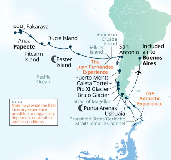 Carte de l’itinéraire Seabourn Pursuit, Papeete, Polynésie française → Ushuaia, Argentine