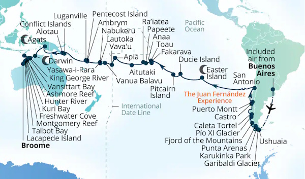 Carte de l’itinéraire Seabourn Pursuit, Ushuaia, Argentine → Broome, Western Australie, Australie