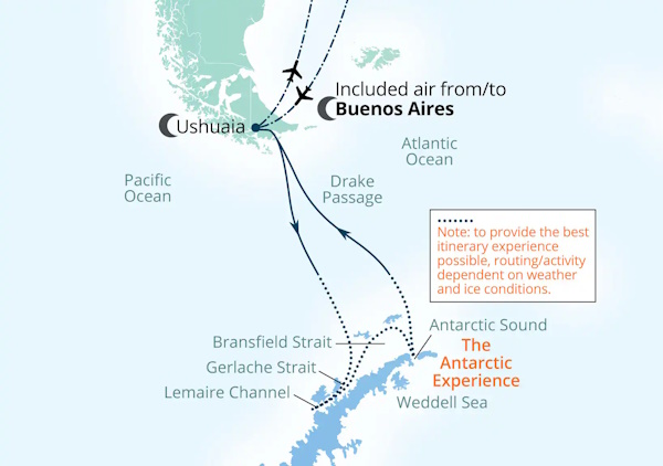 Carte de l’itinéraire Seabourn Pursuit, Ushuaia, Argentine → Ushuaia, Argentine