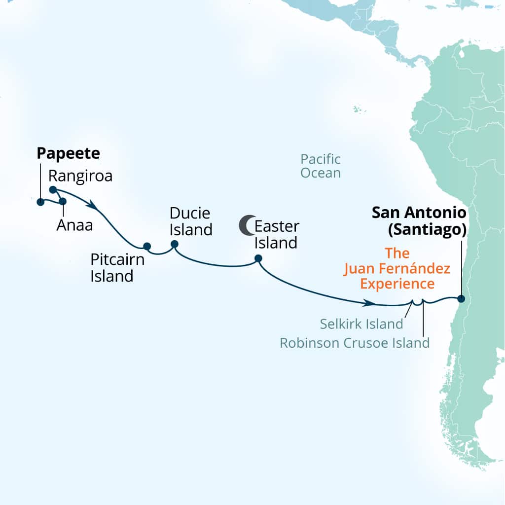 Carte de l’itinéraire Seabourn Pursuit, Papeete, Polynésie française → San Antonio (Santiago), Chili