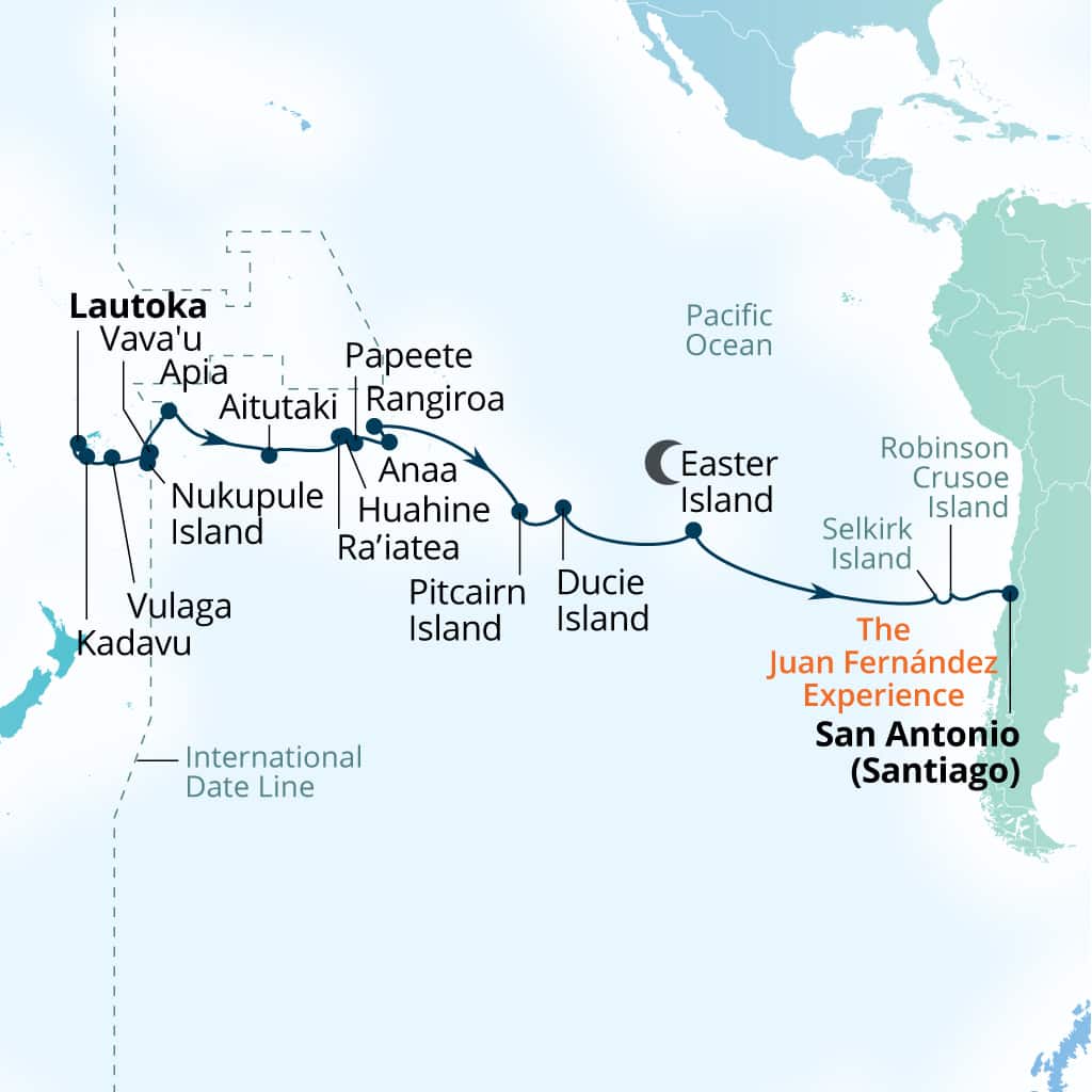 Carte de l’itinéraire Seabourn Pursuit, Lautoka, Fiji → San Antonio (Santiago), Chili