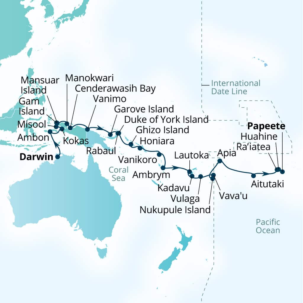Carte de l’itinéraire Seabourn Pursuit, Darwin, Australie → Papeete, Polynésie française