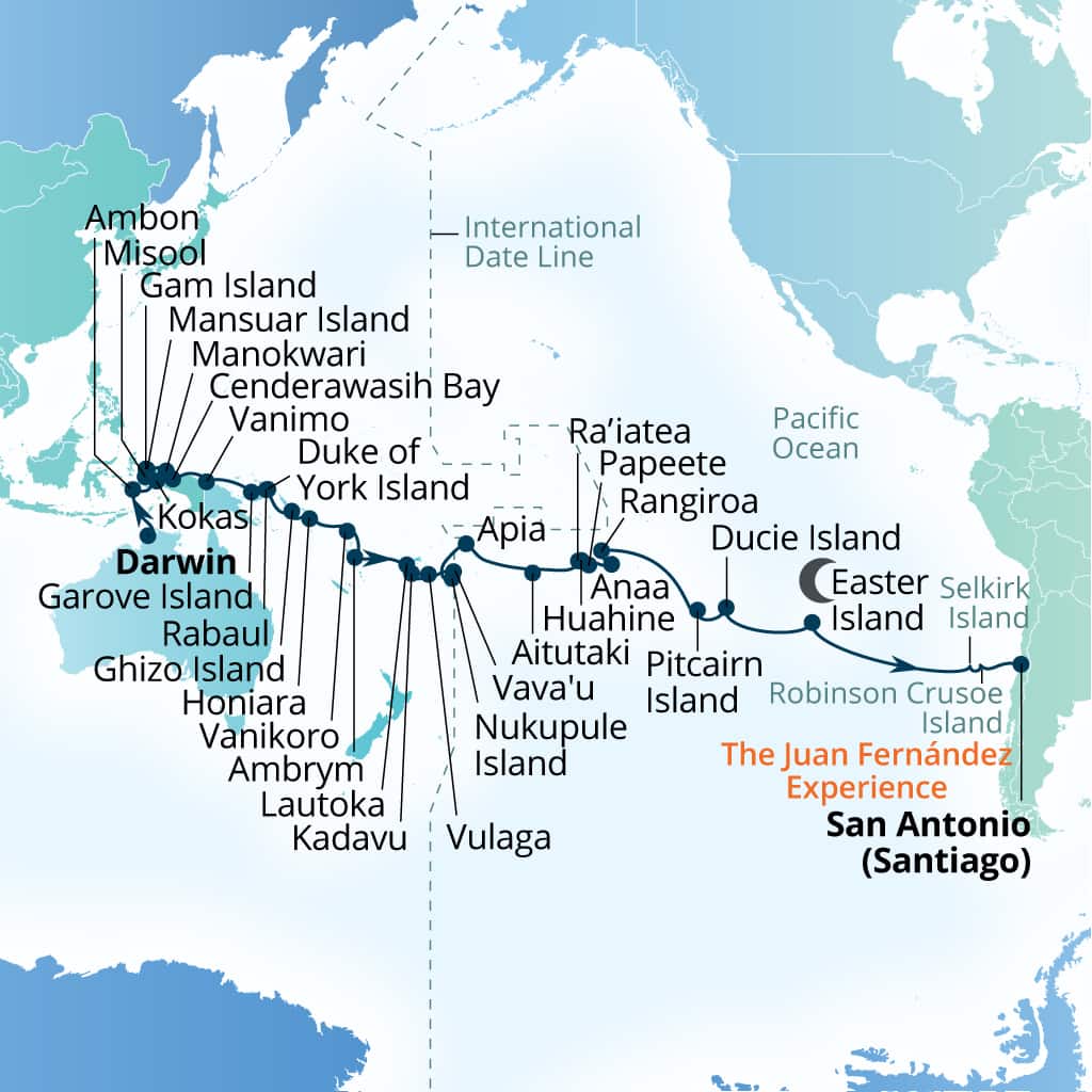 Carte de l’itinéraire Seabourn Pursuit, Darwin, Australie → San Antonio (Santiago), Chili