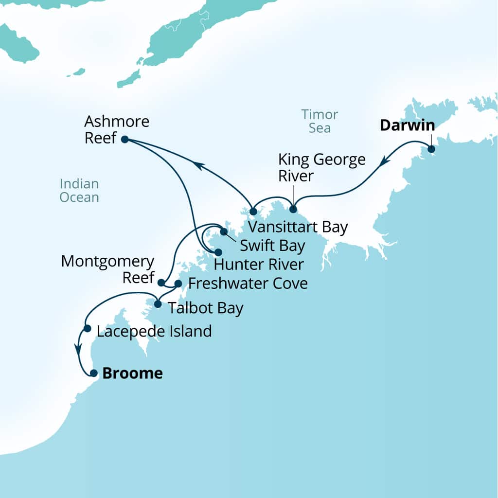 Carte de l’itinéraire Seabourn Pursuit, Darwin, Australie → Broome, Western Australie, Australie