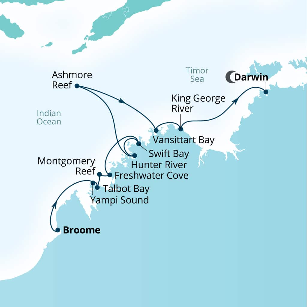 Carte de l’itinéraire Seabourn Pursuit, Broome, Western Australie, Australie → Darwin, Australie